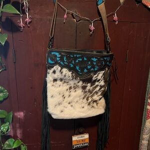 Brown and Blue Women's Bag with Fringe